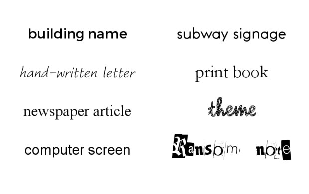 Fonts used from top to bottom: Montserrat, Worstveld Sling Oblique, Times New Roman, Arial, Toronto Subway, Garamond, Rope MF, Black Casper